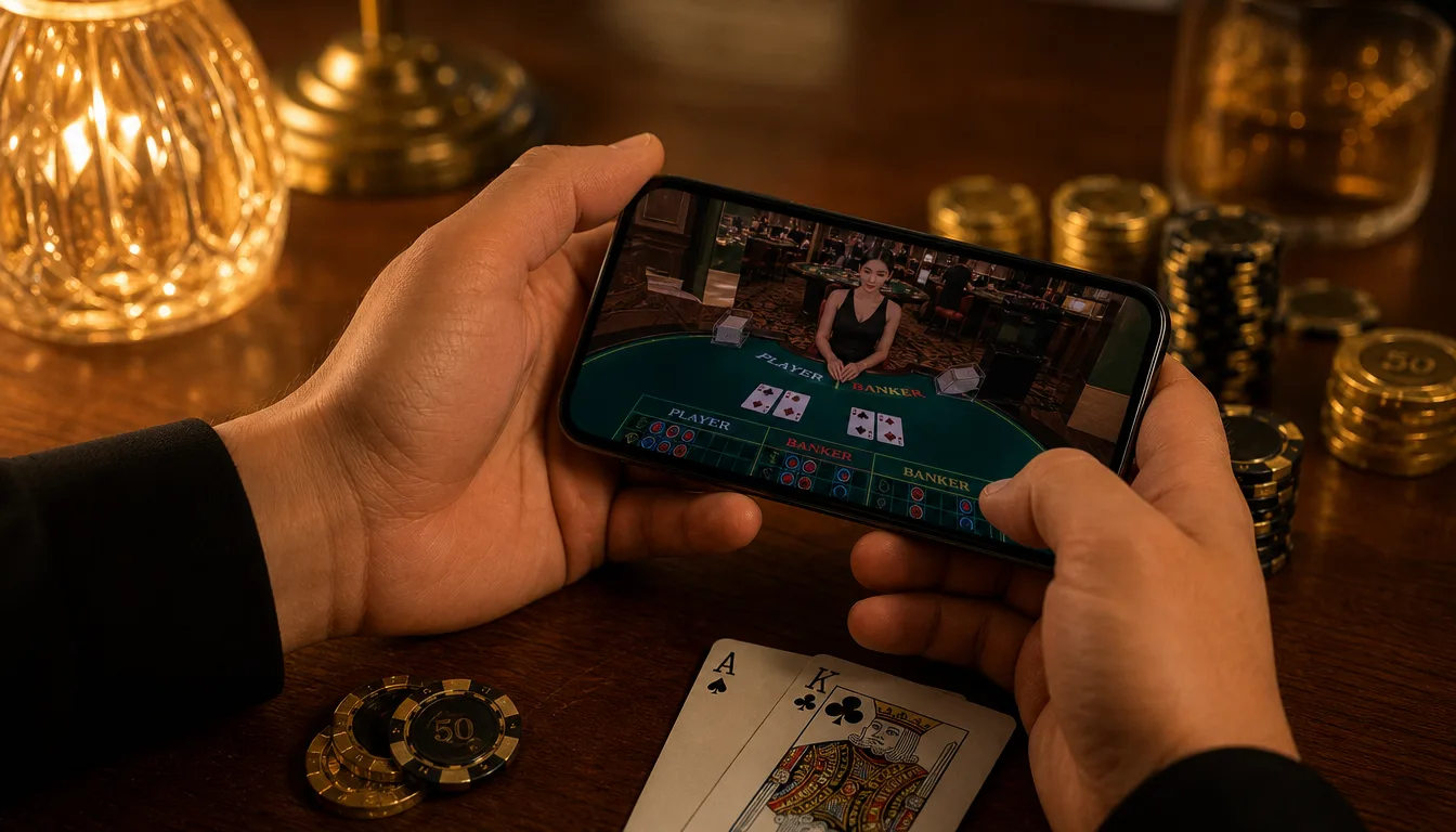 Player holding smartphone streaming EE9 live baccarat table testing baccarat card counting on mobile in Malaysia