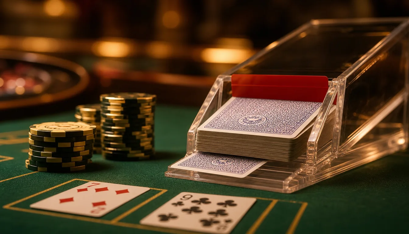 Baccarat card counting shoe dispensing cards onto green felt table showing baccarat card counting setup at EE9 Malaysia