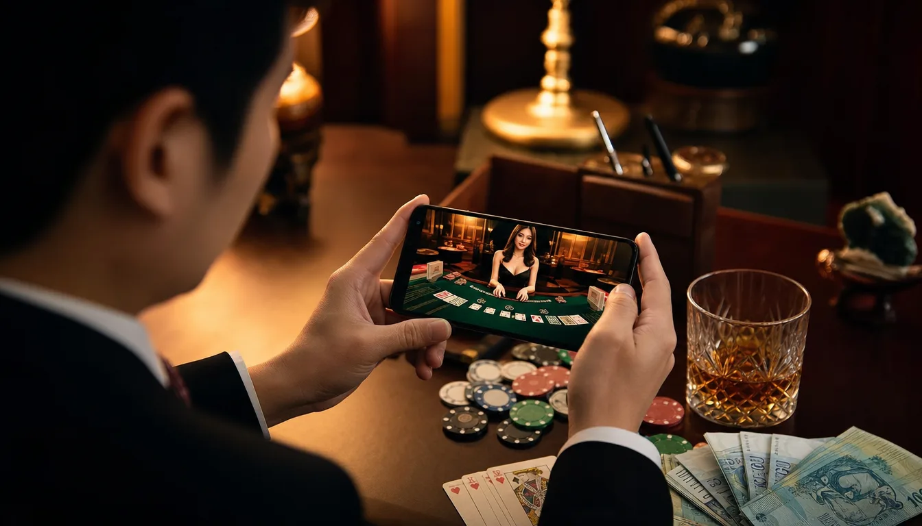 Malaysian high roller checking a VIP live casino Malaysia session on mobile at EE9 with chips and cash nearby